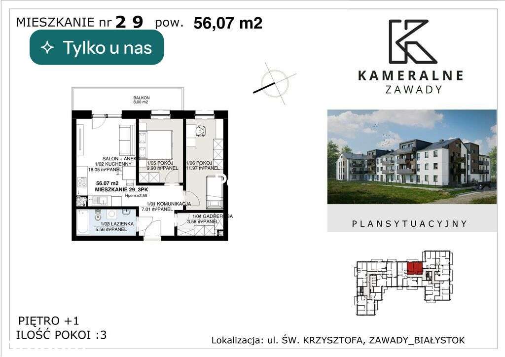Kameralne Zawady - 56,07m2 na I Piętrze