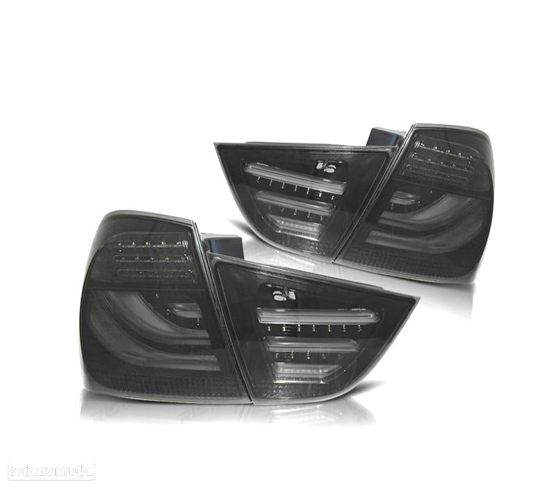 FAROLINS TRASEIROS BMW E90 LCI 08-12 LIGHT BAR FUNDO PRETO FUMADO - 1