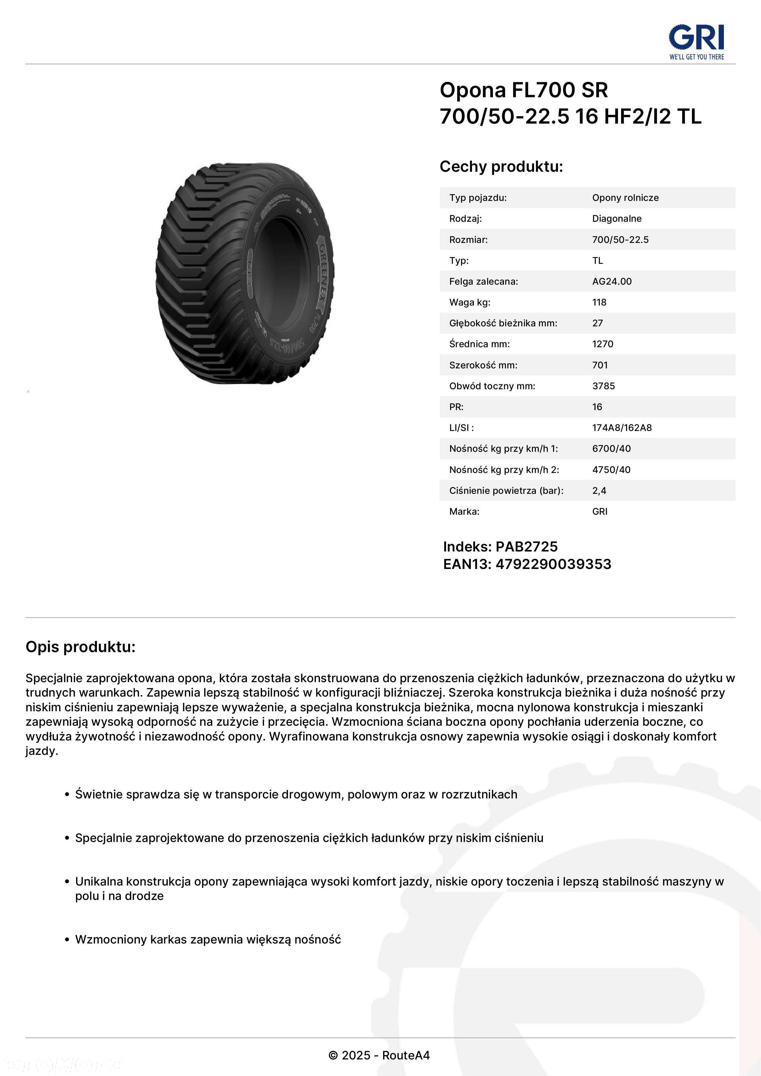 NOWE Opony 700/50-22.5 GRI FL700 Naturalny KAUCZUK - cena BRUTTO - 3