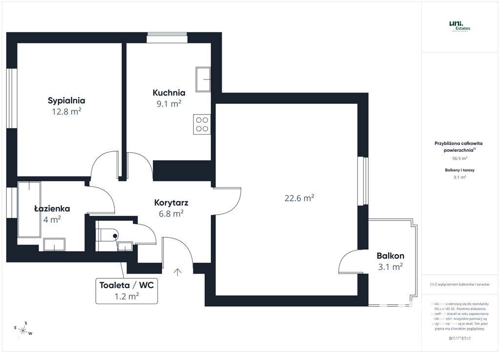 Myśliwska | 56,5 m2 | 2 pok + kuchnia | balkon