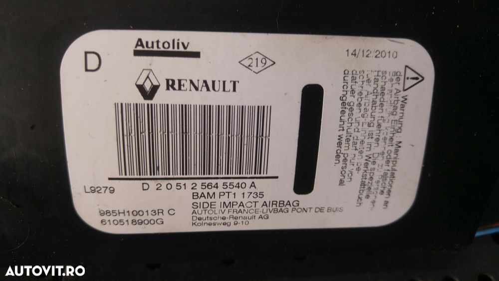 Airbag scaun dreapta fata renault megane 3 985h10013r 610518900g - 3