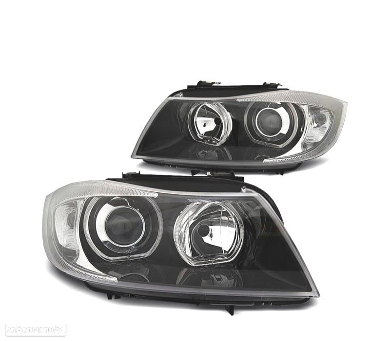 FARÓIS FRONTAIS BMW E90 E91 05-08 OLHOS DE ANJO LED CCFL FUNDO NEGRO - 1