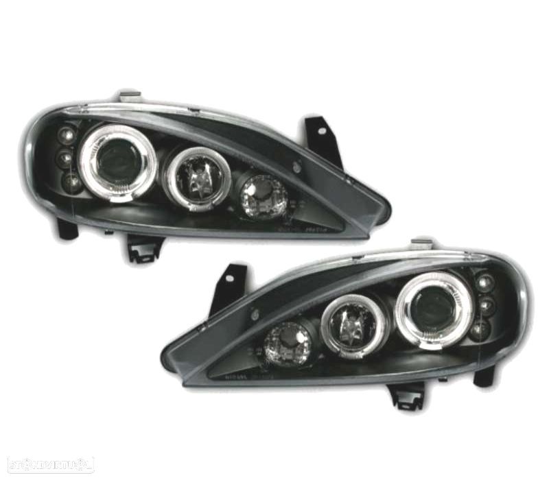 FARÓIS FRONTAIS RENAULT MEGANE 99-02 ANGEL EYES LED FUNDO PRETO - 1