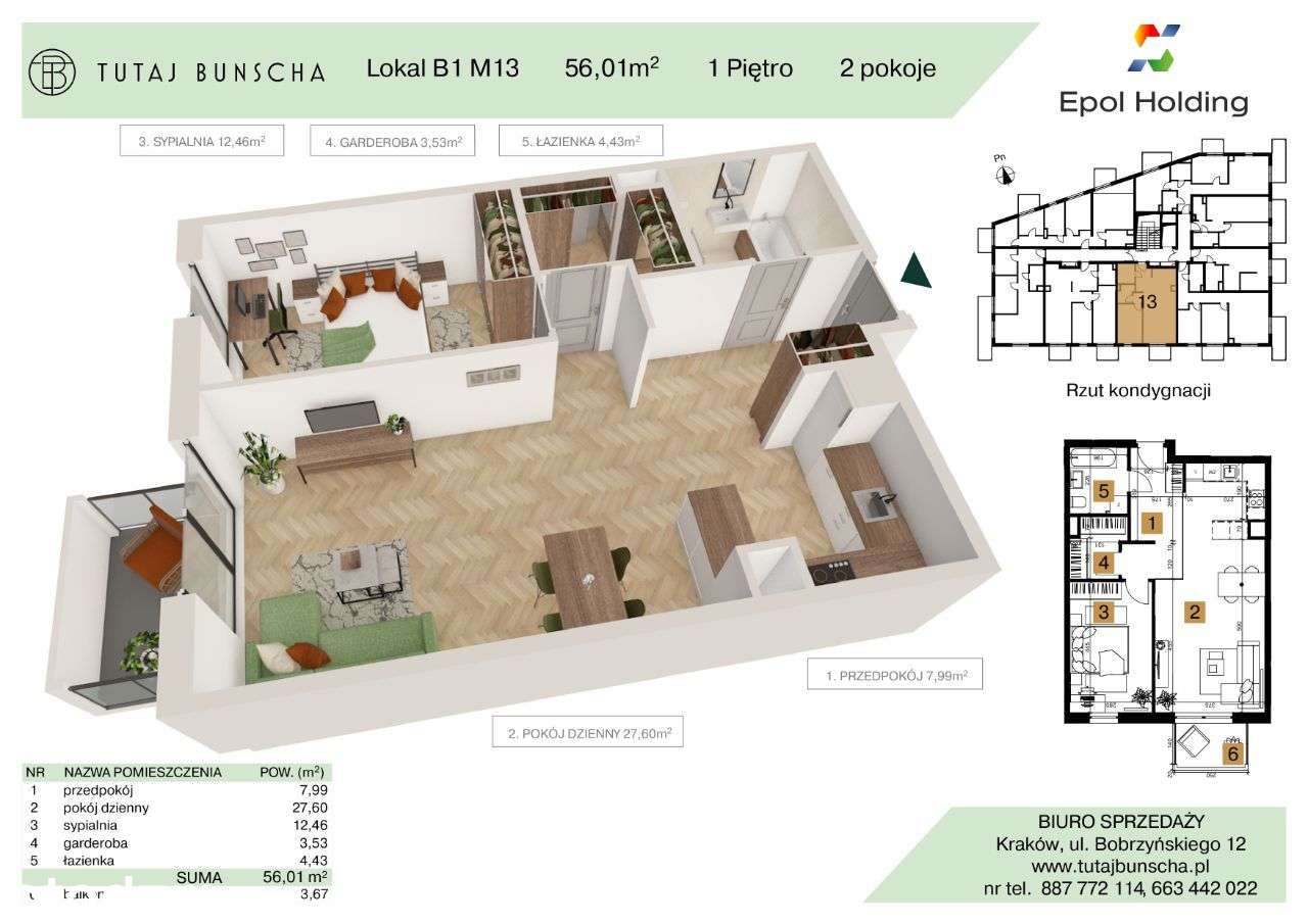 2-pokojowe mieszkanie 56 m2 + balkon 3,67 m2 Bezpośrednio