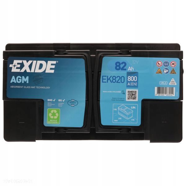 Akumulator Exide EK820 12V 82Ah 800A L4 AGM StartStop - 23,3 kg - 3
