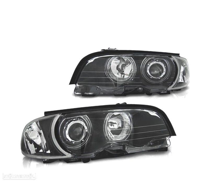 FARÓIS OPTICAS ANGEL EYES CCFL LED + PISCAS BMW E46 COUPE 99-03 FUNDO PRETO - 1