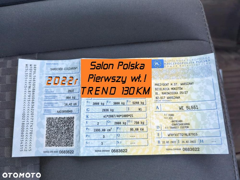 Ford CUSTOM VAN L2H1 300L LONG MAXI Wzmocniony Hak 2,8t. Mocny silnik 2.0 130KM EURO6 FVAT23 HOMOLOGACJA VAT-1 - 9