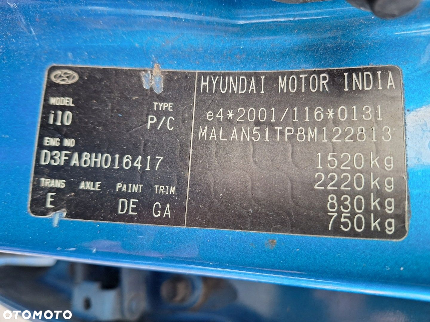 HYUNDAI i10 PA 1 I 2007-2010 MANUALNE LUSTERKO PRAWE NIEBIESKIE LAKIER DE - 9