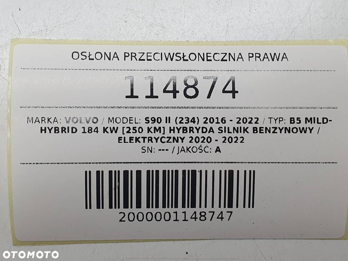 OSŁONA PRZECIWSŁONECZNA PRAWA PASAŻERA DASZEK SŁONECZNIK VOLVO S90 II - 5