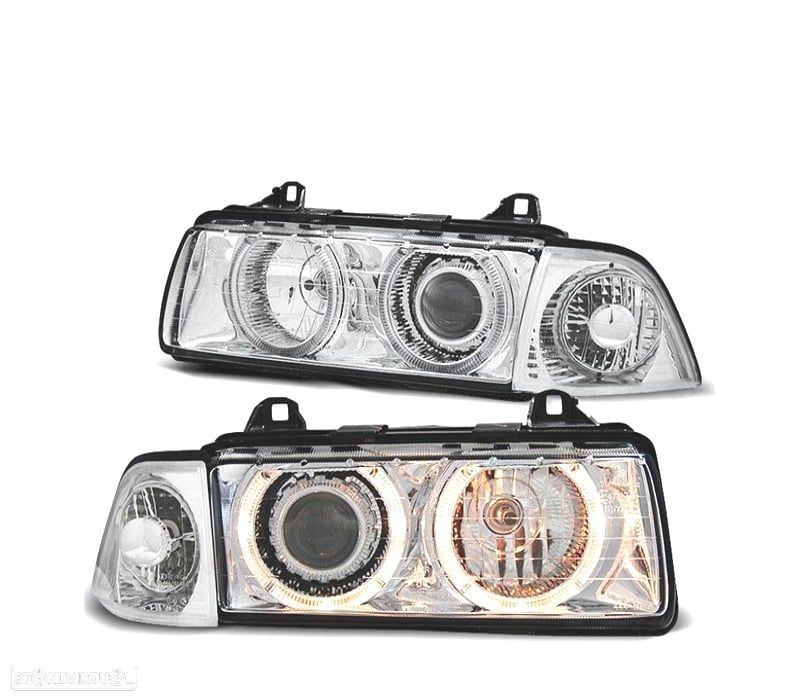 FARÓIS BMW E36 90-99 ANGEL EYES FUNDO CROMADO - 1