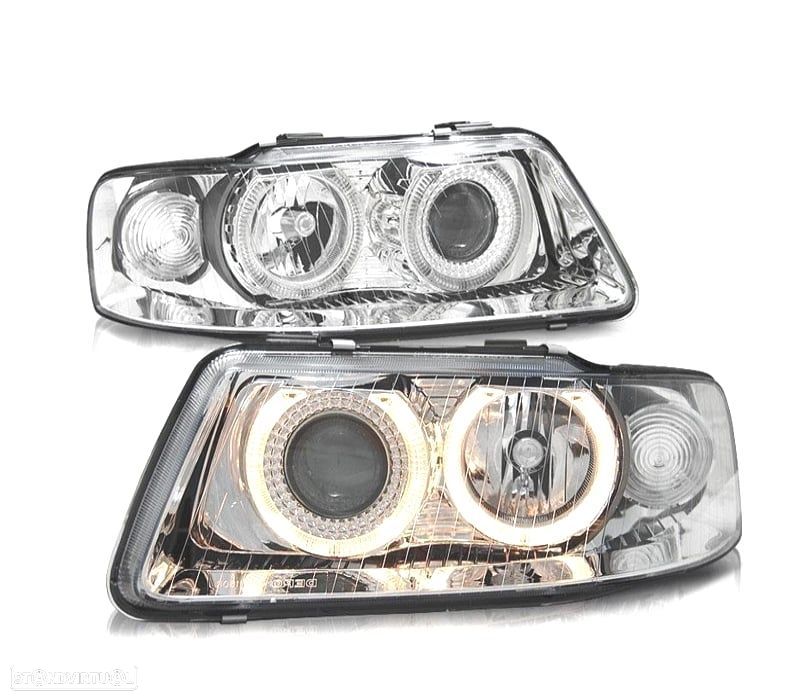 FARÓIS FRONTAIS AUDI A3 8L ANGEL EYES 9/00-3/03 FUNDO CROMADO - 1