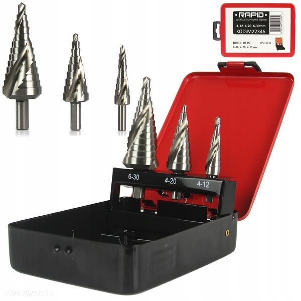 WIERTŁA STOPNIOWE 3 SZTUKI 6-30 mm STOŻEK SPIRALA - 1