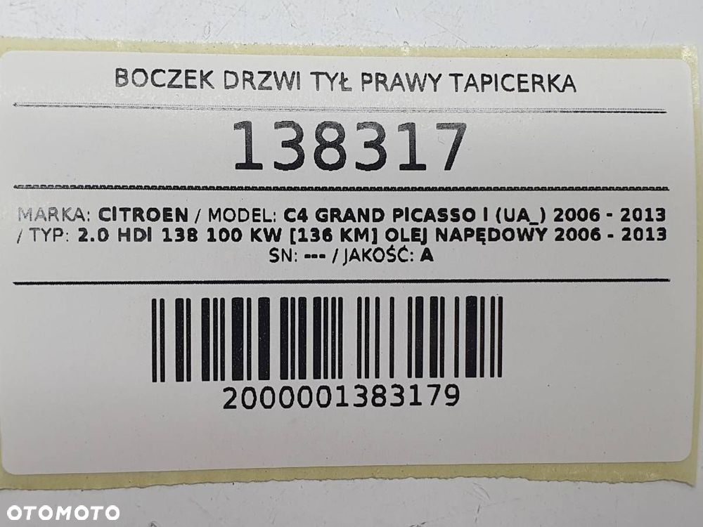 BOCZEK DRZWI TYŁ PRAWY TAPICERKA CITROEN C4 GRAND PICASSO I EUROPA - 9