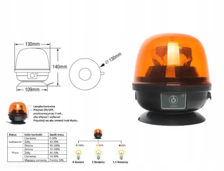lampa błyskowa ostrzegawcza 15 w 10x led na magnes, bezprzewodowa - 9