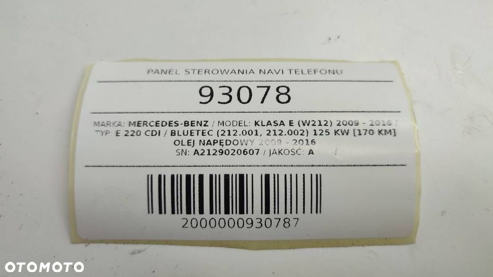 PANEL STEROWANIA NAVI TELEFONU MERCEDES-BENZ KLASA E (W212) 2009 - 2016 E 220 CDI / BlueTEC (212.001, 212.002) 125 kW [170 KM] olej napędowy 2009 - 2016 A2129020607 - 8