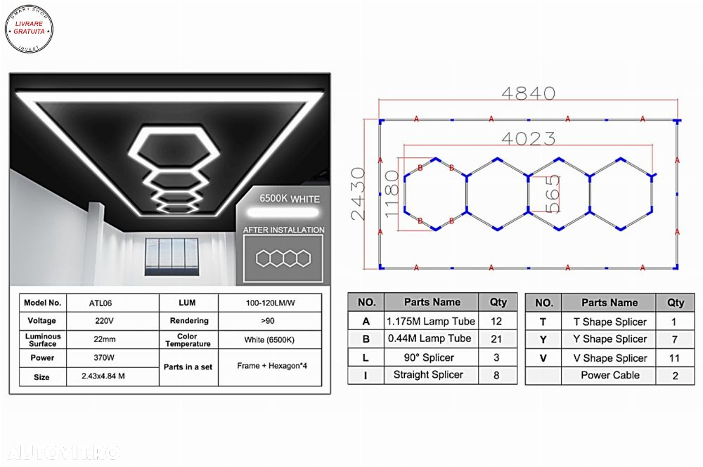 Sistem de Iluminare Plafon Hexagon / HoneyComb 4.03 x 1.18 m- livrare gratuita - 2