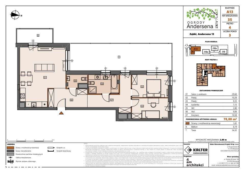 Mieszkanie A13-35, 3 pokoje 78,80 m2 z tarasem 34 m2 i balkonem 6m2