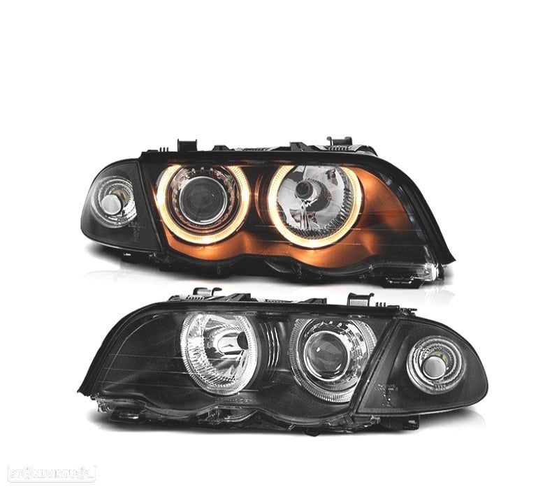 FARÓIS BMW SÉRIE 3 E46 4 PORTAS 98-01 ANGEL EYES FUNDO PRETO - 1