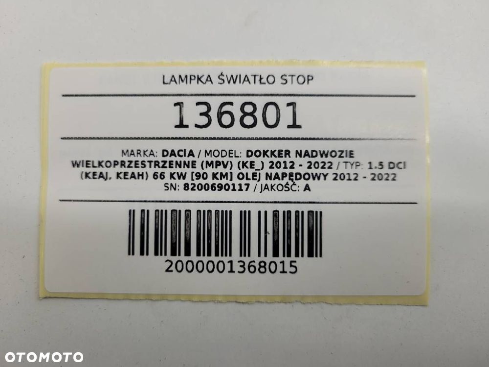 LAMPKA ŚWIATŁO STOP DACIA DOKKER 8200690117 - 8