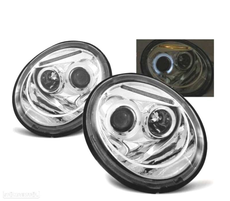 FARÓIS FRONTAIS ANGEL EYES PARA VOLKSWAGEN VW BEETLE,98-05 FUNDO CROMADO - 1