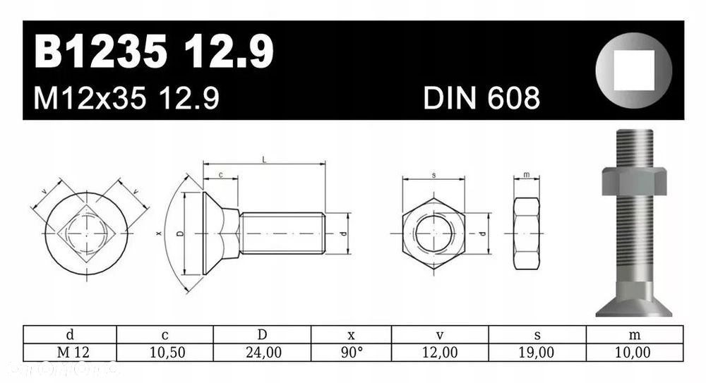 ŚRUBA PŁUŻNA B1235 M12x35 12.9 DIN608 - 2
