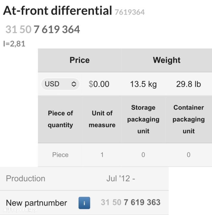 grup diferențial fata 2.81 750xi benzină V8 N63B44B 450hp 650ix F01 F01 F10 550xi xdrive 4x4 F13 raport 281 merge doar la model pe benzină - 3