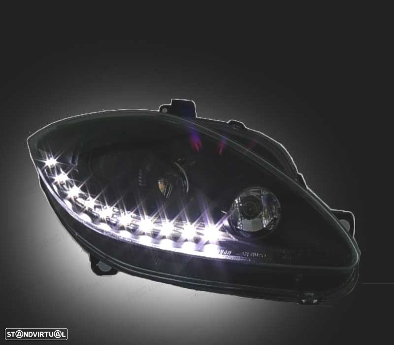 FARÓIS FRONTAIS PARA SEAT LEON 1P ALTEA TOLEDO 5P 04-09 LUZ DIURNA LED FUNDO PRETO - 2