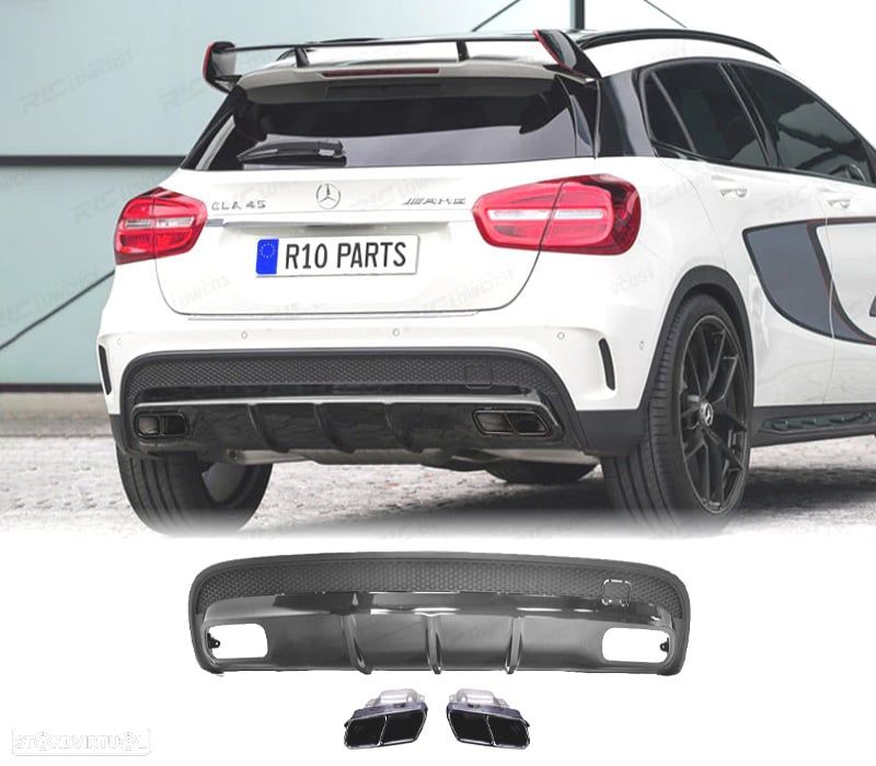 DIFUSOR MERCEDES X156 AMG 13-19 LOOK GLA45 PRETO + PONTEIRAS DE ESCAPE PRETAS - 1