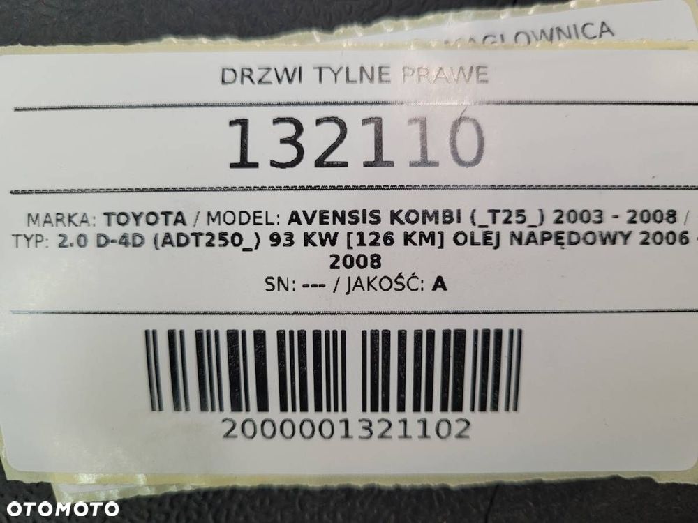 DRZWI TYŁ TYLNE PRAWE KOMPLETNE TOYOTA AVENSIS T25 KOMBI 209 - 17