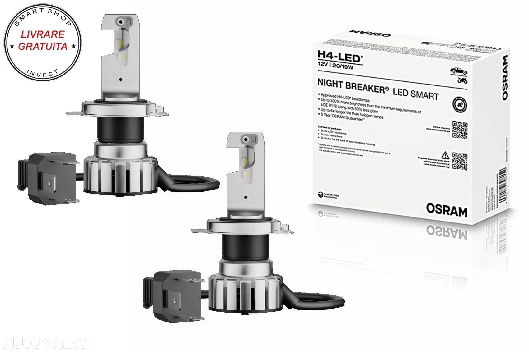 OSRAM NIGHT BREAKER LED SMART H4 64193DWNBSM Set 2 Becuri Auto Moto Omologare RAR- livrare gratuita - 1