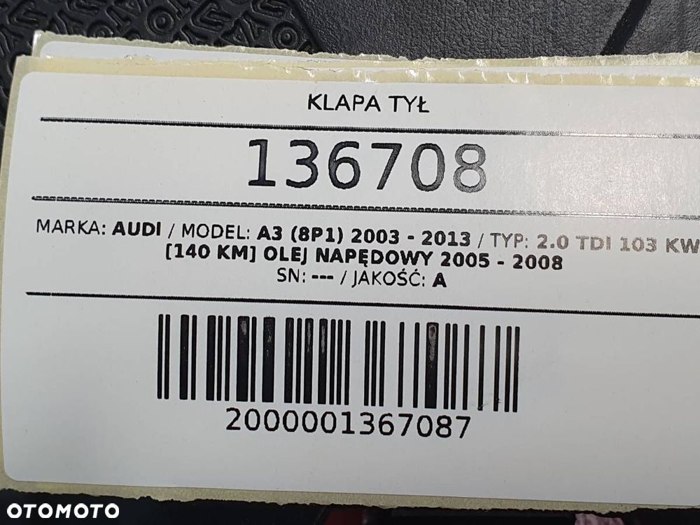 KLAPA TYŁ BAGAŻNIKA AUDI A3 8P 5D 2005 EUROPA - 14