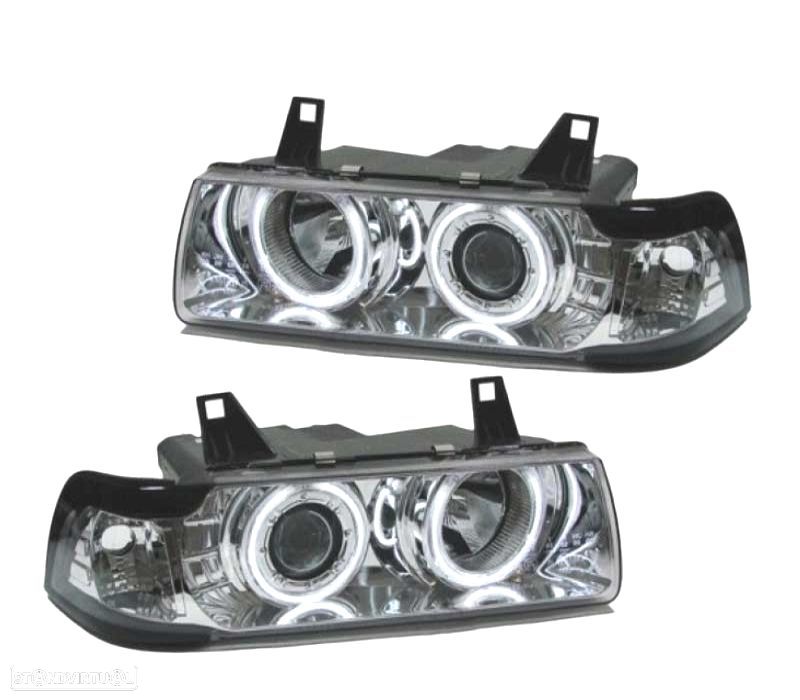 FARÓIS ANGEL EYES CCFL BMW E36 COUPE CABRIO 92-98 FUNDO CROMADO - 1