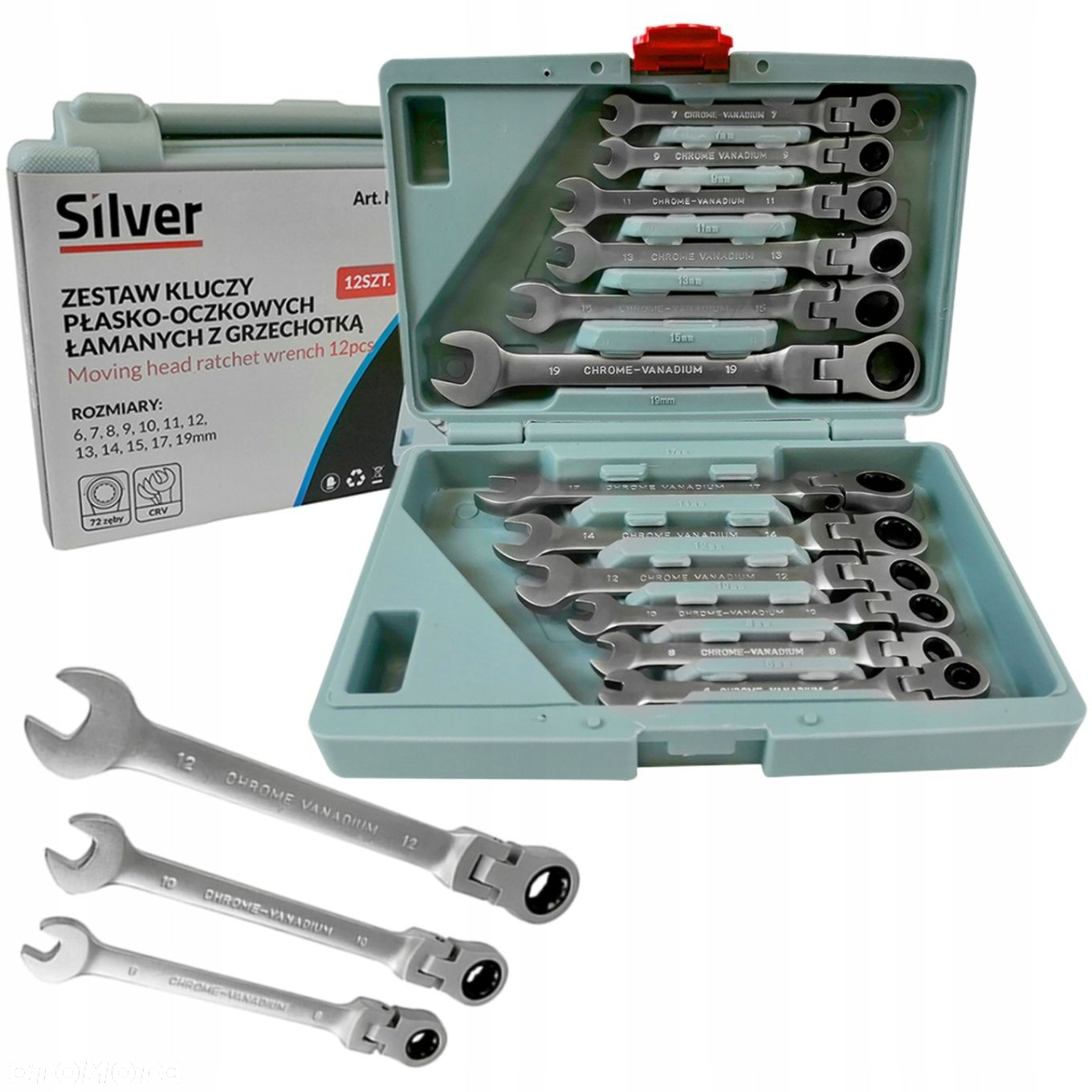 KLUCZE PŁASKO OCZKOWE Z GRZECHOTKĄ ŁAMANE 8-19MM 12 SZTUK W WALIZCE ZESTAW - 9