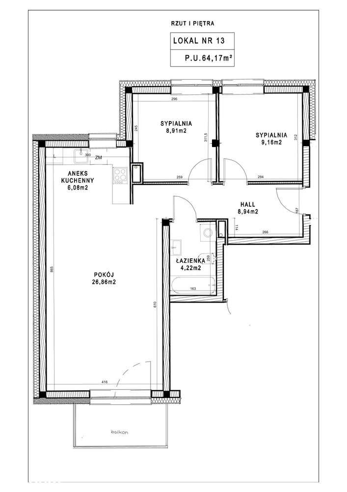 Mieszkanie Nr 13 - Piętro I - 64,17m2