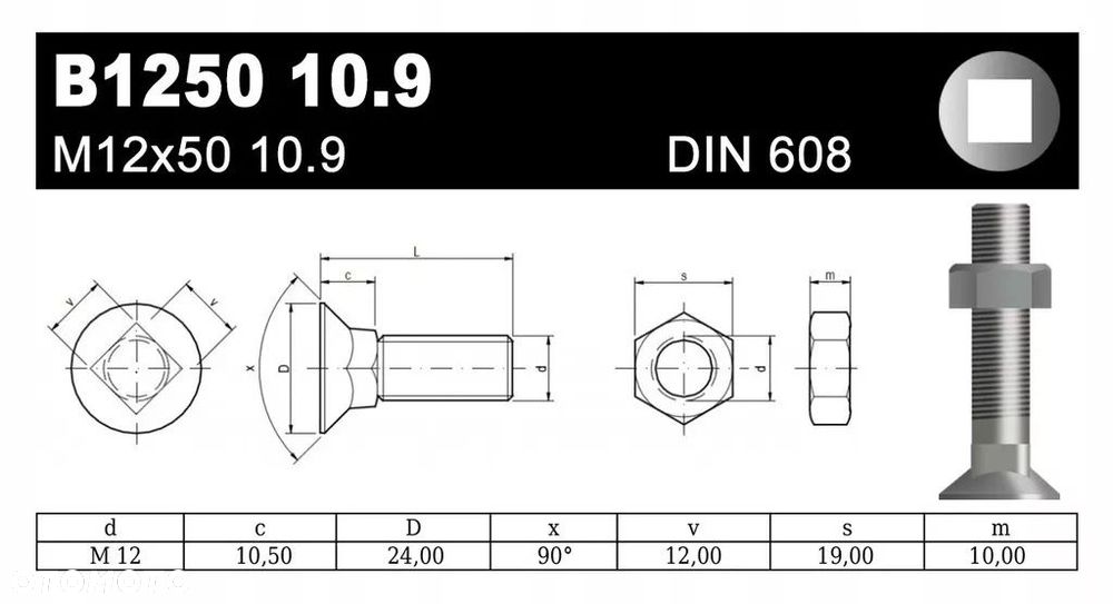 ŚRUBA PŁUŻNA B1250 M12x50 10.9 DIN608 - 2