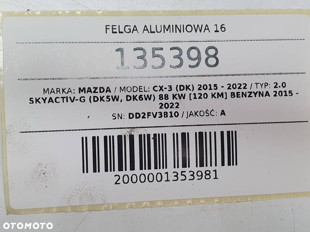 FELGA ALUMINIOWA 16 MAZDA CX-3 DK DD2FV3810 6.5JX16FH ET50 5X114.3 - 9
