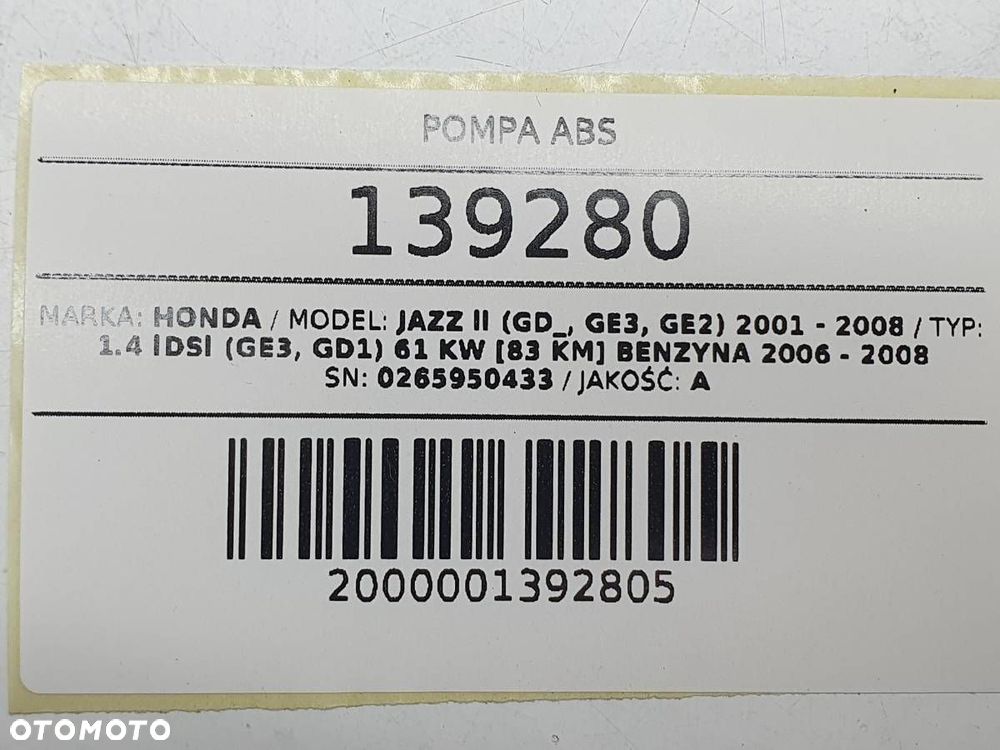 POMPA ABS HAMULCOWA HONDA JAZZ 0265950433 EUROPA - 7