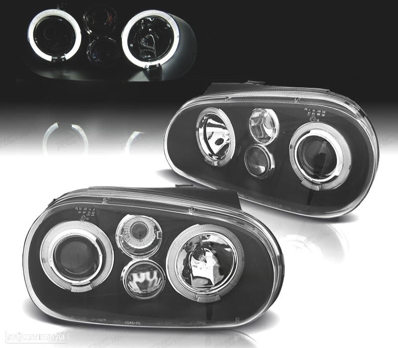 FARÓIS ANGEL EYES LED VOLKSWAGEN VW GOLF 4 LOOK R32 FUNDO PRETO - 1