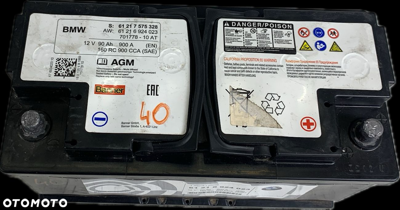 40 BMW AKUMULATOR AGM BMW 90AH 900A 2018 ROK 6924023 7575328 - 2