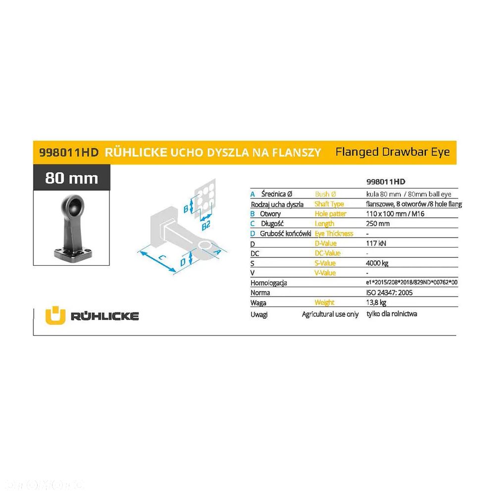 998011HD Ucho dyszla K80, S=4t, otw. 110x100 Ruhlicke - 2