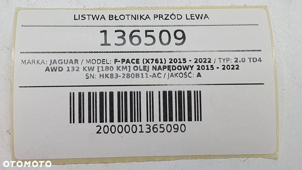 LISTWA BŁOTNIKA PRZÓD LEWA JAGUAR F-PACE X761 HK83-280B11-AC ORYGINAŁ - 6