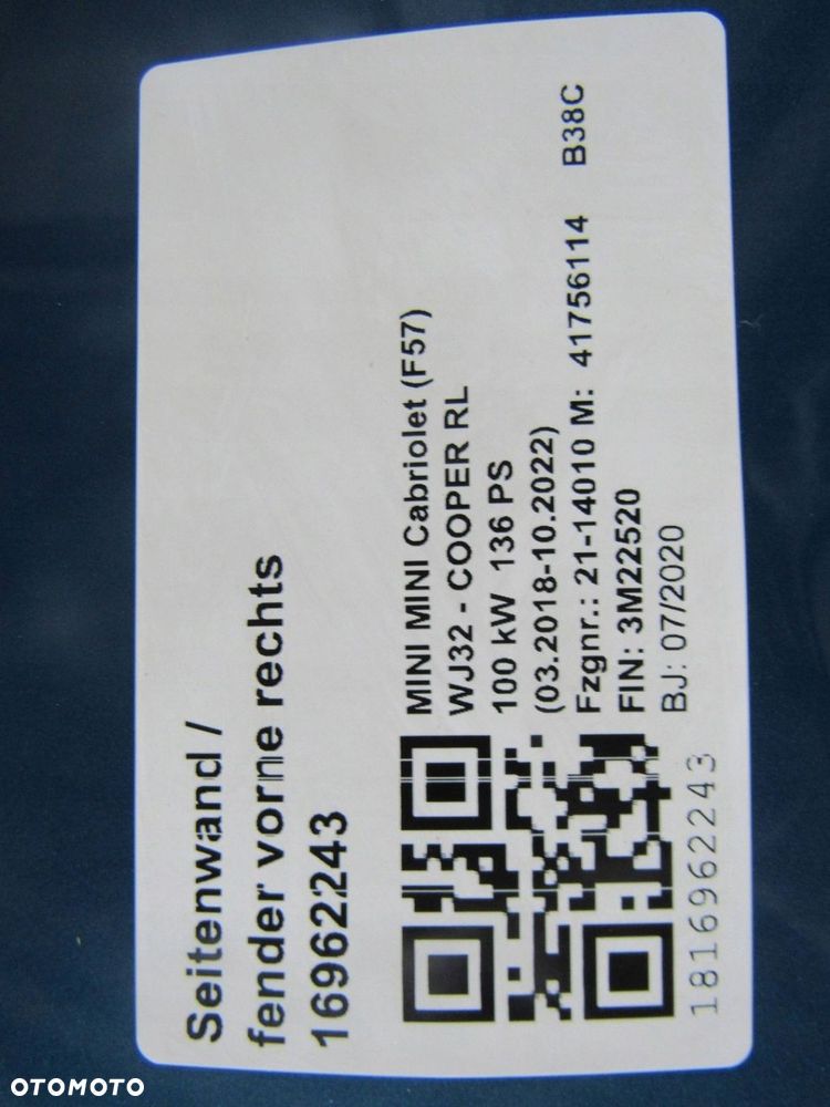 Mini  Cooper S f56 2020 prawy Błotnik przedni - 7