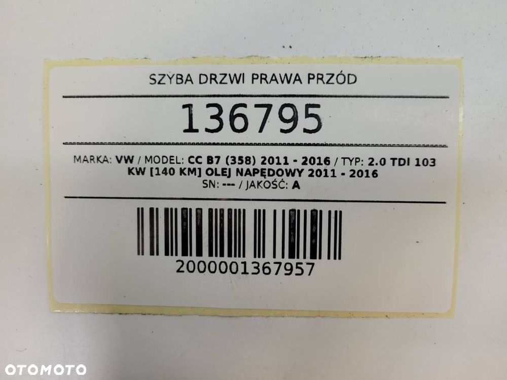 SZYBA DRZWI PRAWA PRZÓD VW PASSAT CC B7 EUROPA 2012 - 11