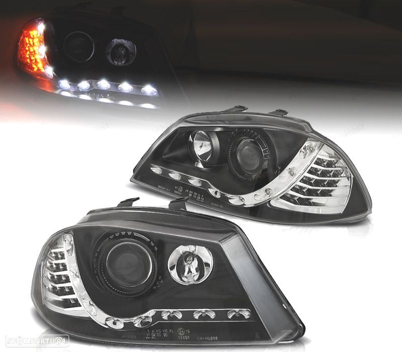 FARÓIS LUZ DIURNA + PISCA LED SEAT IBIZA 6L 02-08 FUNDO PRETO - 1