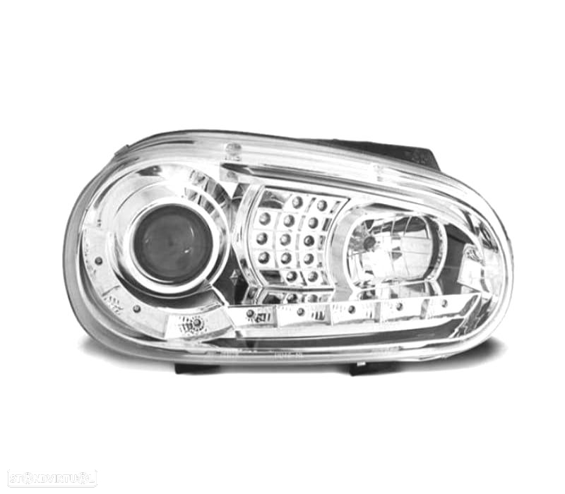 FARÓIS COM LUZ DIURNA + PISCAS LED VOLKSWAGEN VW GOLF 4 MK IV 97-03 FUNDO CROMADO - 2