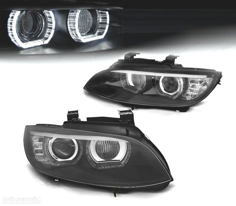 FARÓIS BMW E92 E93 XENON ANGEL EYES LED DLR FUNDO PRETO - 1