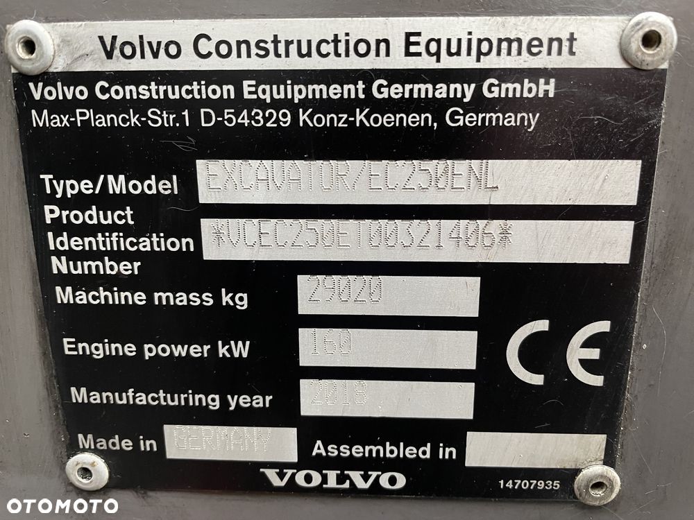 Części do Volvo EC 250ENL 2018 rok koparka gąsienicowa na części