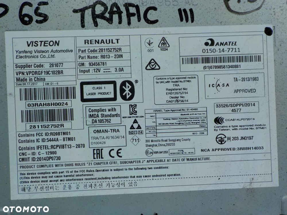 TRAFIC III VIVARO B 1.6 CDTI 16r L1H1 radio CD 281152752R 93456781 - 5