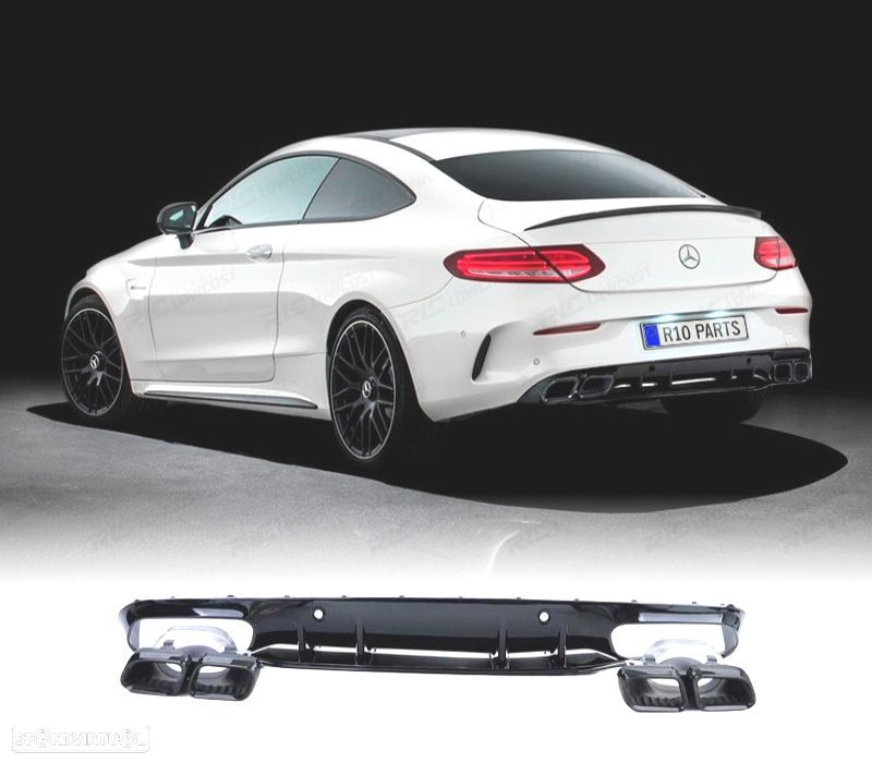 DIFUSOR MERCEDES CLASE C C205 COUPÉ 15-18 LOOK AMG C63 PRETO BRILHANTE + PONTAS DE ESCAPE PRETAS - 1