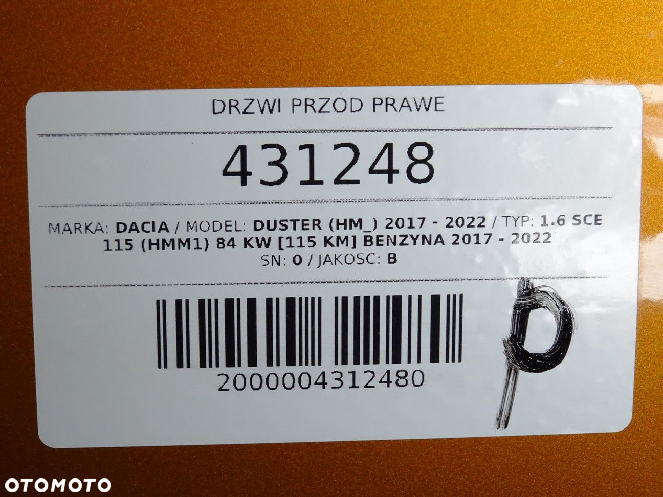 DRZWI PRZÓD PRAWE - 782.00 PLN - DACIA DUSTER (HM_) 2017 - 2022 1.6 SCe 115 (HMM1) 84 kW [115 KM] - 8